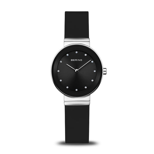Bering Classic Women's Watch: Black Sunray Dial and Silicone Strap