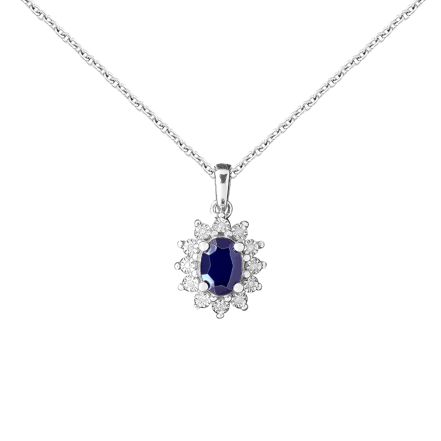 0.75ct Sapphire and Diamond Halo Ring in 9ct White Gold Pendant