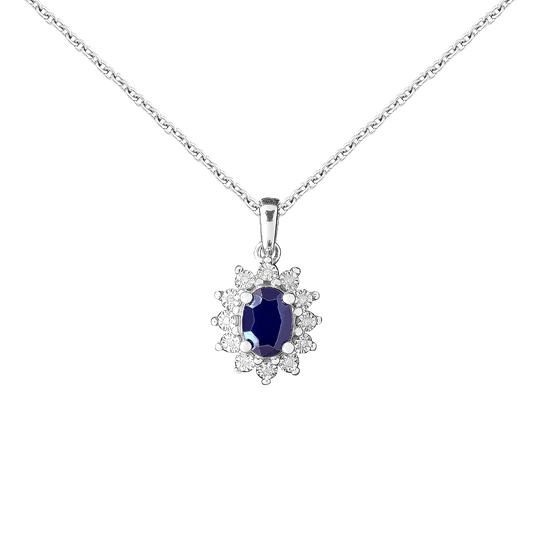 0.75ct Sapphire and Diamond Halo Ring in 9ct White Gold Pendant