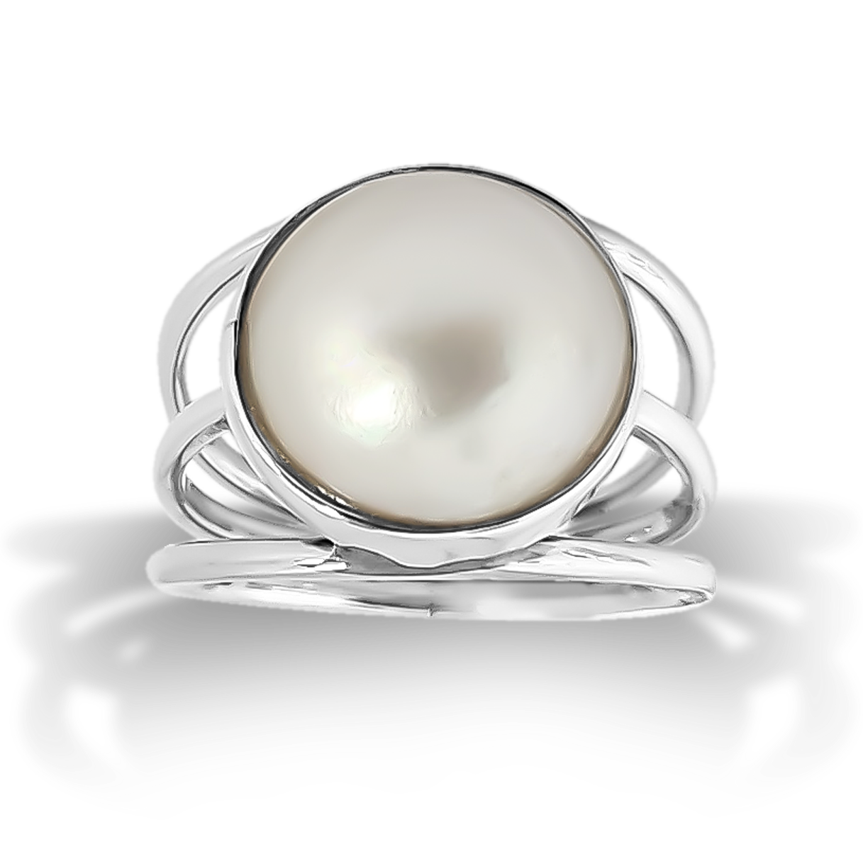 Single Mabe pearl split shank setting thick tube set ring in 925 Sterling Silver