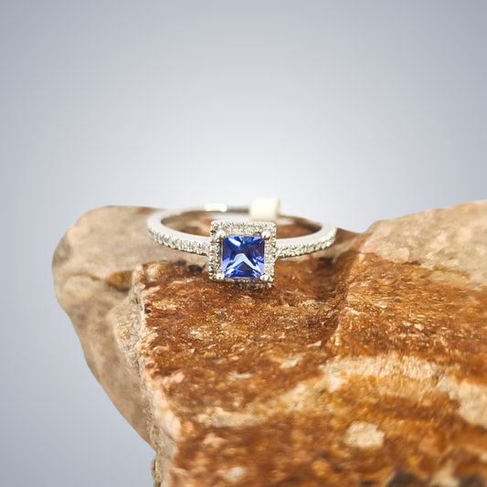 0.39ct Tanzanite Princess Cut with Diamond Halo Ring in 9ct White Gold