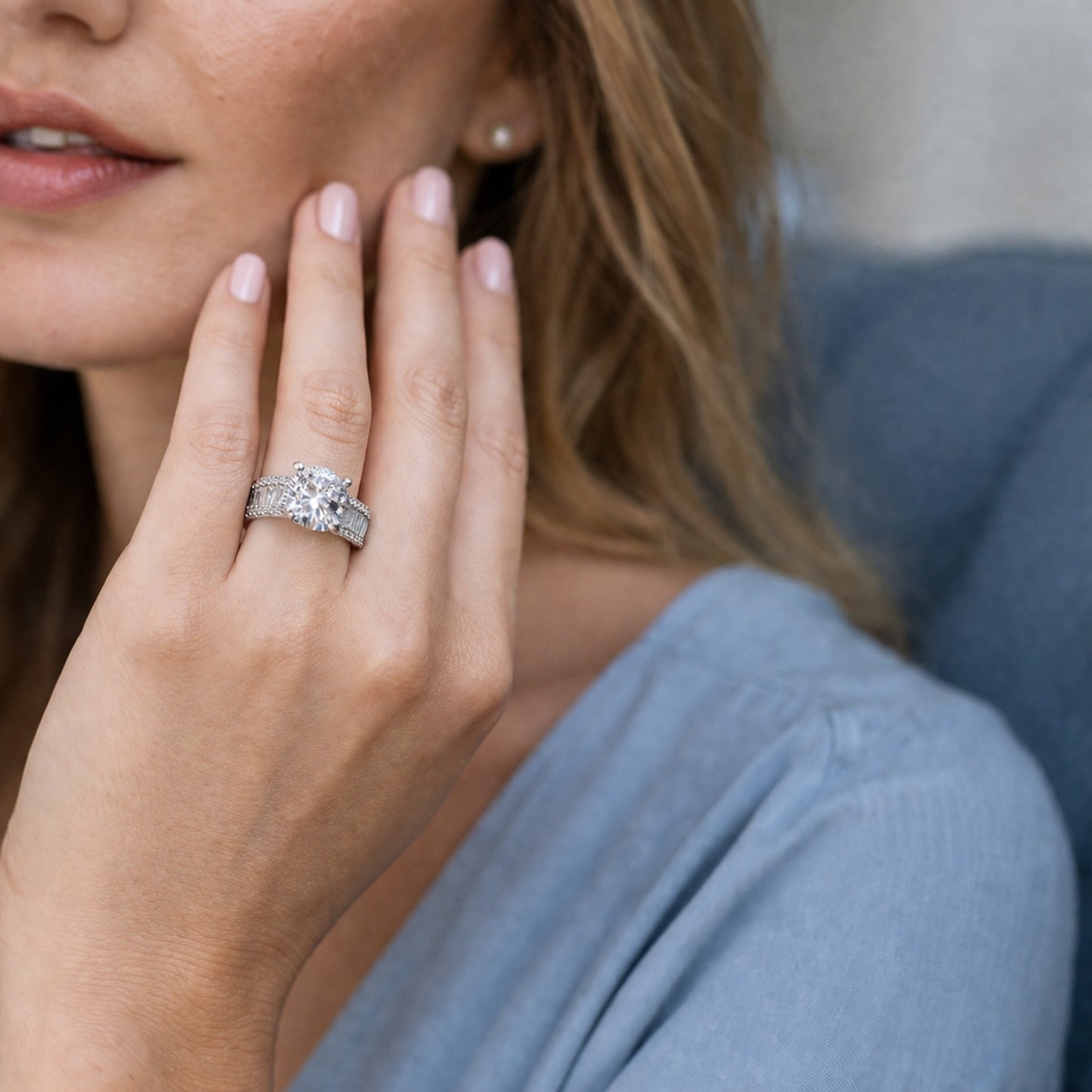 Round Brilliant Lab-Grown Solitaire with a Baguette Diamond Band 9ct White Gold Ring (Copy)