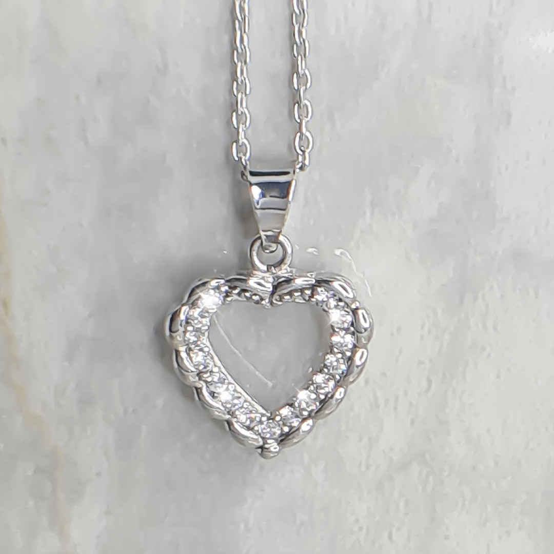 12mm Folded Heart designed with Cubics Pendant in 9ct White Gold