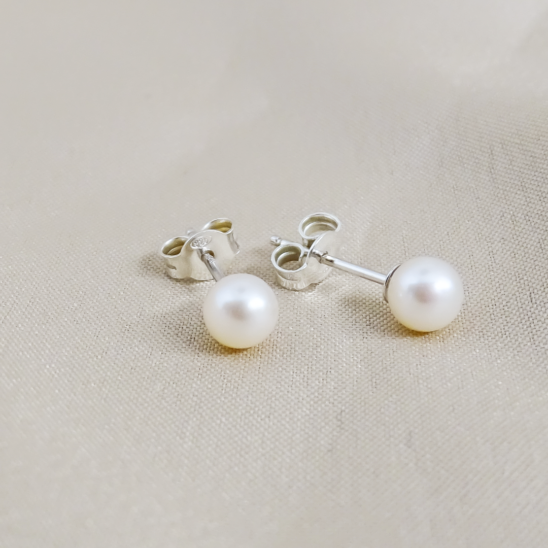 4mm Fresh Water Pearl Solitaire Huggie Studs in Sterling Silver