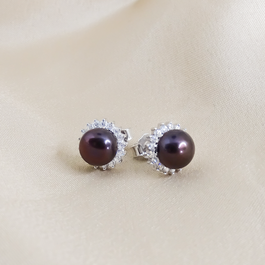 Tahitian Black Pearl and Cubic Zirconias Huggies Studs in Sterling Silver