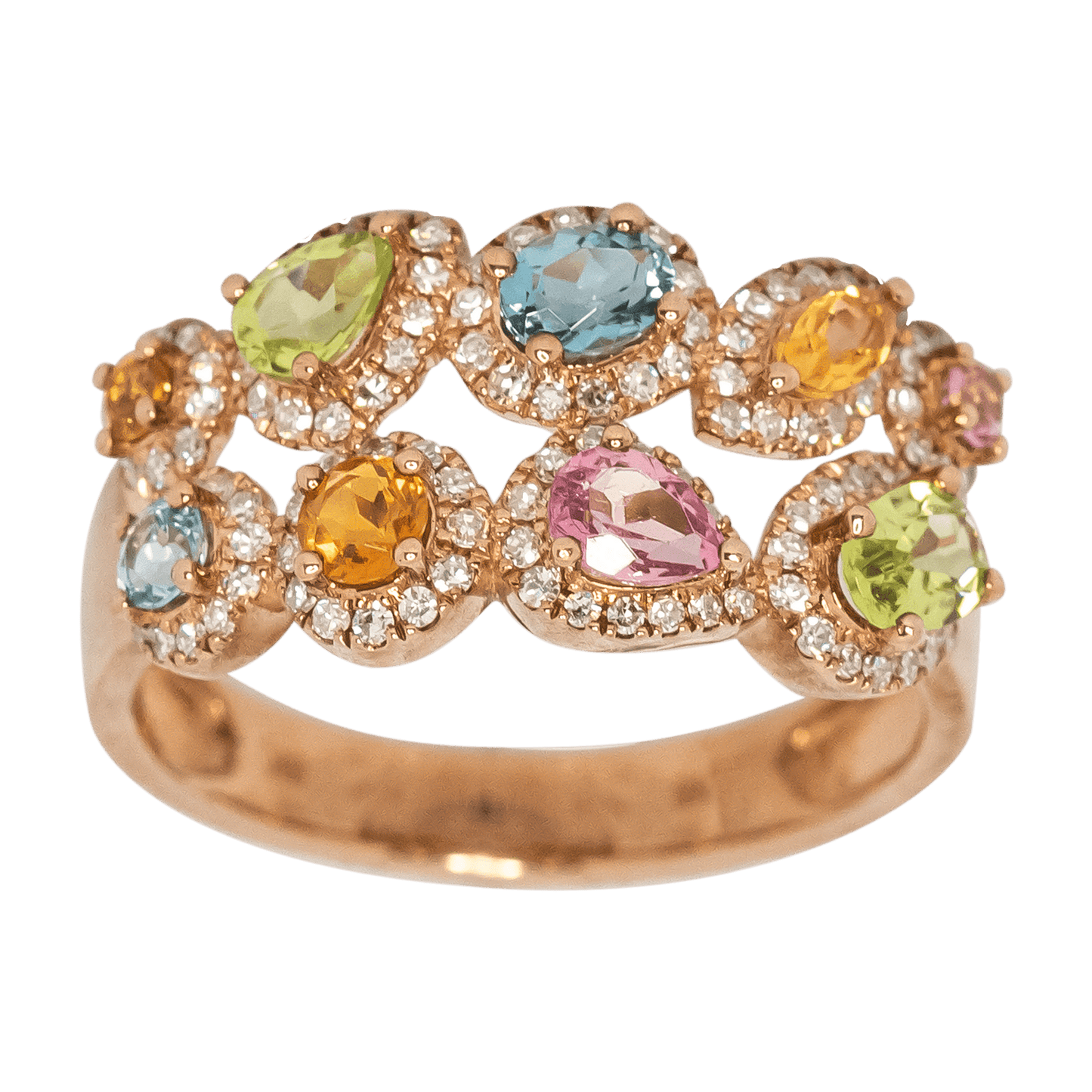 Pink Tourmaline, Ruby, Amethyst, Peridot, London Blue Topaz, Citrine, Pear, and Oval Cuts Art Stylised ring finished with an inner river of sparkling Diamonds set in 9ct Yellow Gold. Natural Diamonds: 0.37ct Main Stones: Assorted Metal: 375 - 9ct Rose Gold