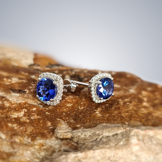 3.00ct Tanzanite with Diamond Cushion Halo Studs in 14ct White Gold