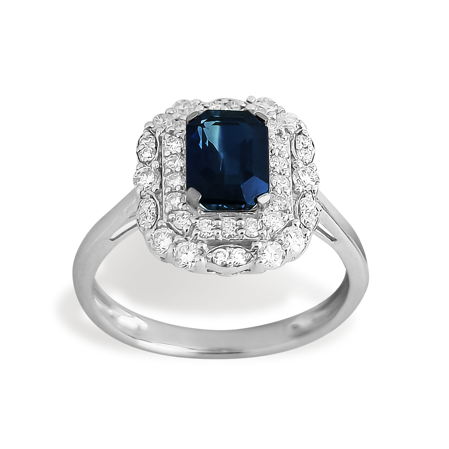 1.10ct Emerald cut Sapphire and Double Diamond Halo Ring in 9ct White Gold
