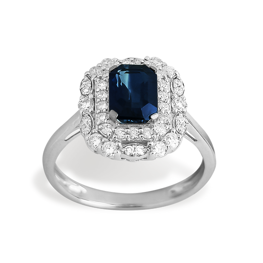 1.10ct Emerald cut Sapphire and Double Diamond Halo Ring in 9ct White Gold