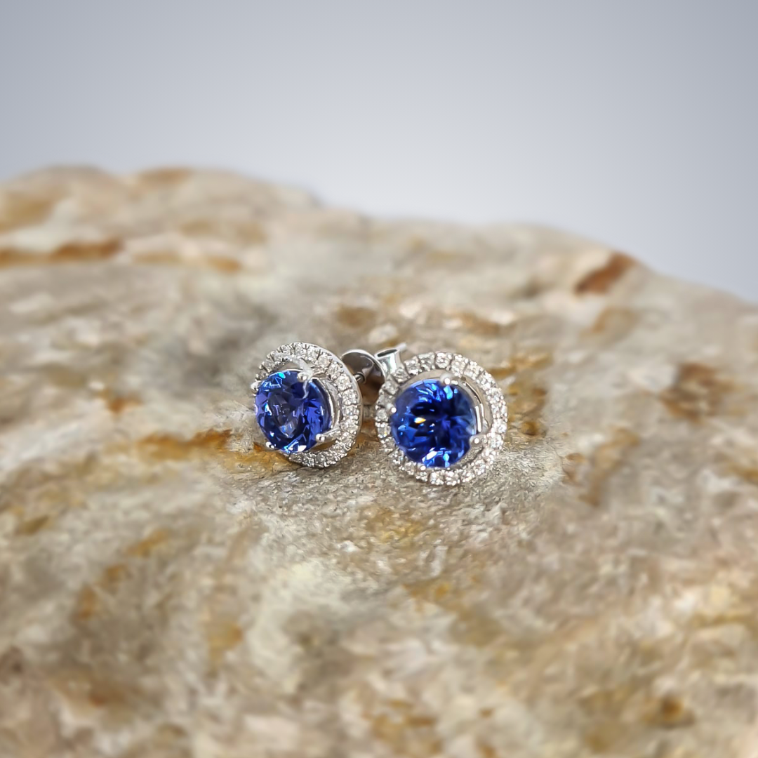 1.69ct Tanzanite and Diamond Halo Studs in 14ct White Gold