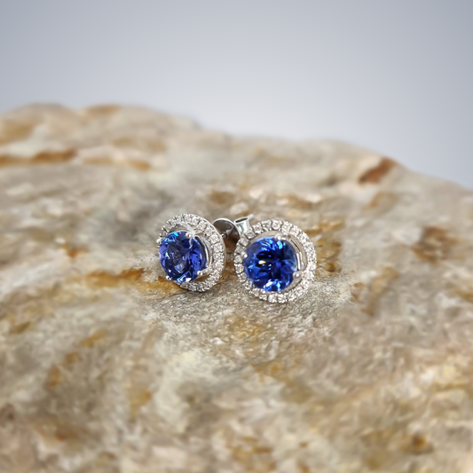 1.69ct Tanzanite and Diamond Halo Studs in 14ct White Gold