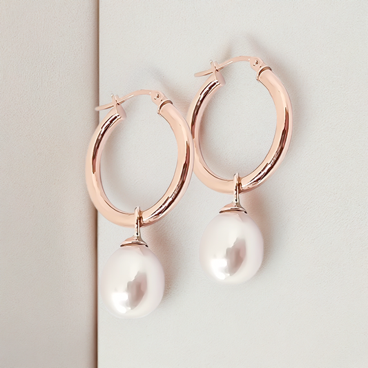 10mm Fresh Water Pearl Pretty Woman Hoop Earrings in 9ct Rose Gold