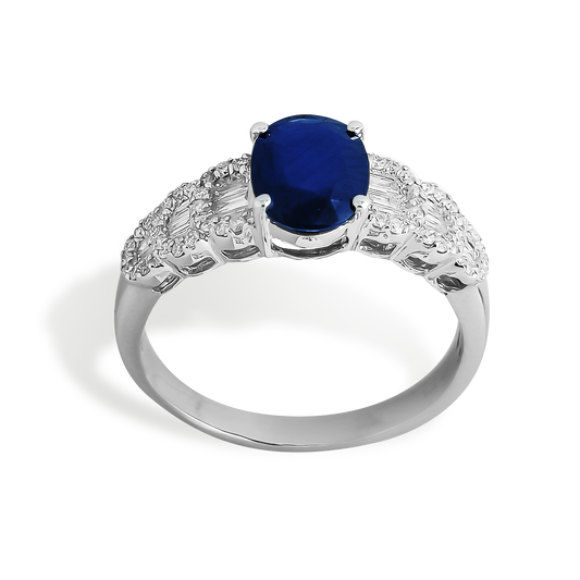 Oval Sapphire and Tapered Baguette Diamond Halo Ring in 9ct White Gold