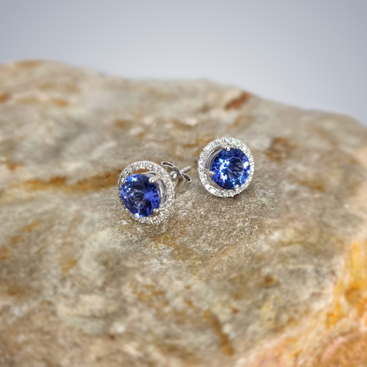 1.74ct Tanzanite and Diamond Halo Studs in 14ct White Gold