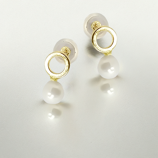 4mm Fresh Water Pearl Circle Design Huggie Studs in 9ct Yellow Gold