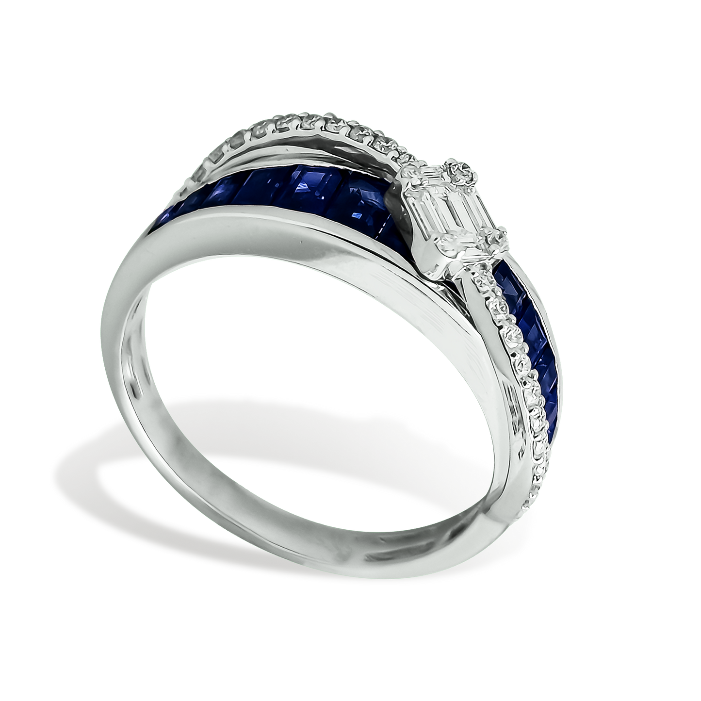 Baguette Sapphire and Diamond Crossover Halo Engagement Ring in 9ct White Gold