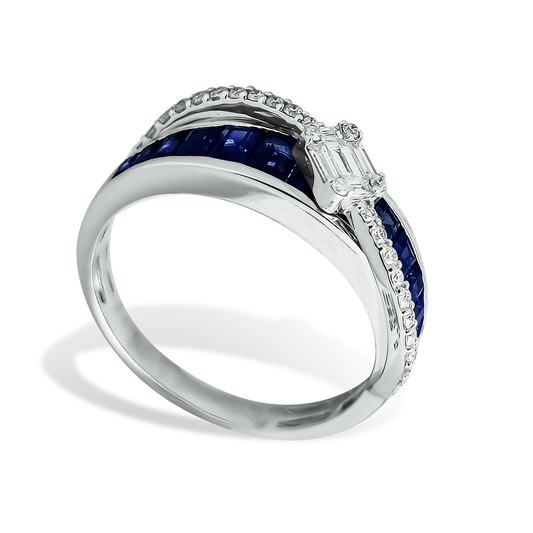 Baguette Sapphire and Diamond Crossover Halo Engagement Ring in 9ct White Gold