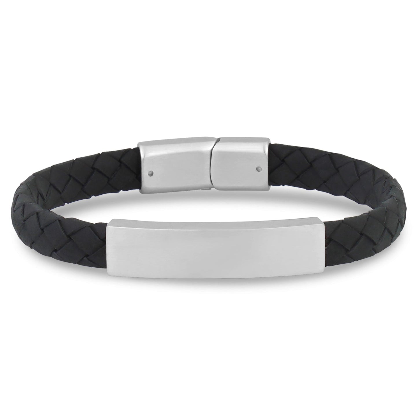 ARZ Steel Flat Cross Woven Leather with Silver ID Plaque Bracelet