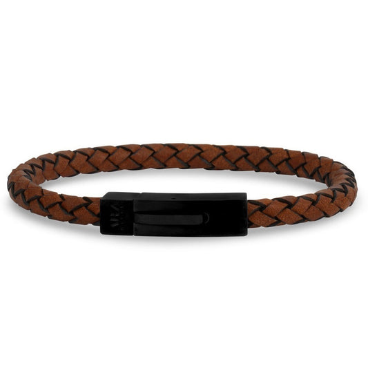 ARZ Steel Black Steel Clasp with Brown Cross Woven Leather Bracelet