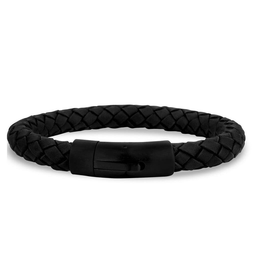 ARZ Steel Thick Black Weaved Leather Bracelet