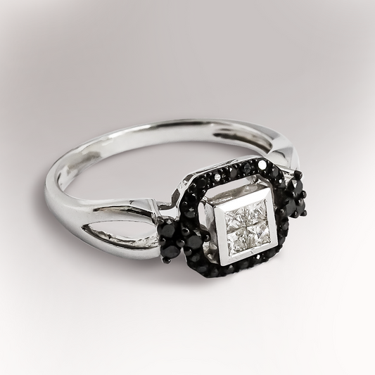 0.19ct Black Diamond with 0.16ct Princess Diamond Ring in 9ct White Gold