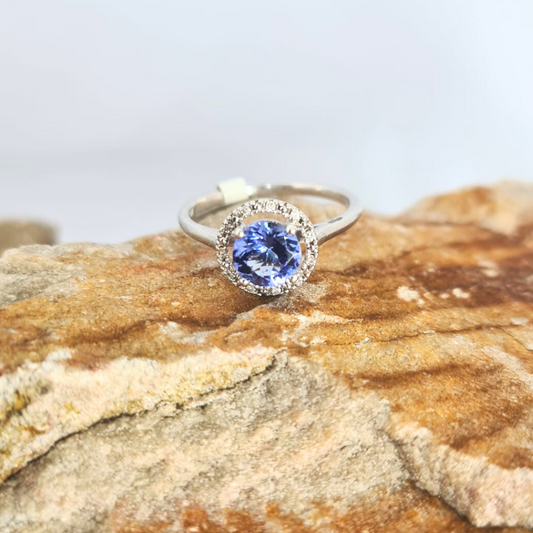 1.10ct Tanzanite and Diamond Halo Ring in 9ct White Gold