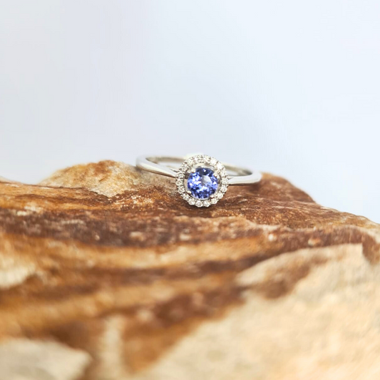 0.37ct Tanzanite and Diamond Halo Ring in 14ct White Gold