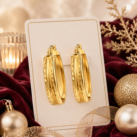 9ct Yellow Gold Oval Pattern Hoop Earrings