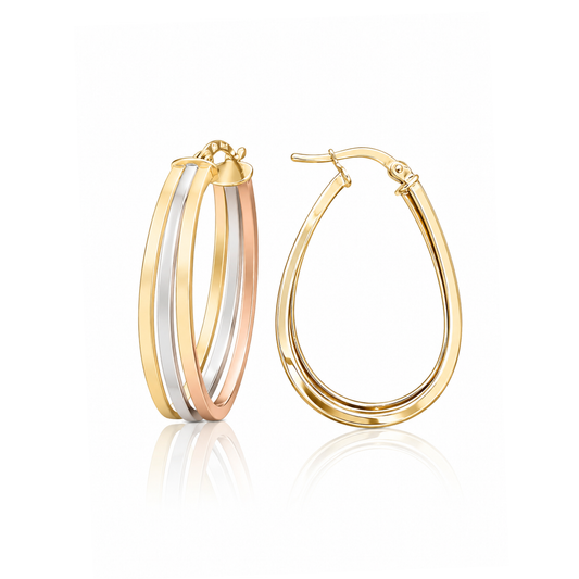 9ct Tri Gold Oval Hoop Earrings