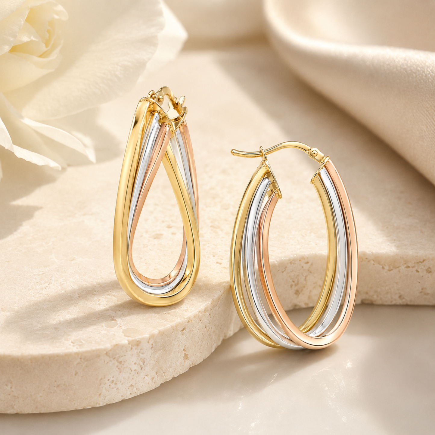 9ct Tri Gold Oval Twist Hoops 18mm x 28mm