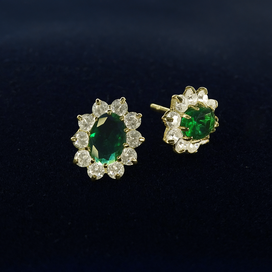 1.40ct Created Emerald Oval Claw Set Halo Design Huggy Studs in 9ct Yellow Gold