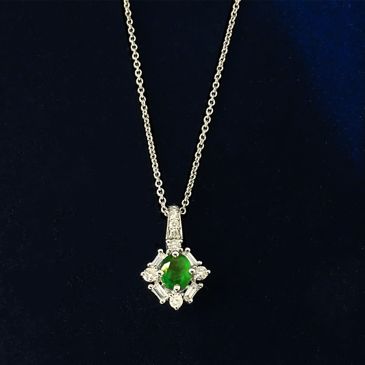 0.50ct Emerald Oval Star Styled Diamond Halo Baguette Pendant in 9ct White Gold.