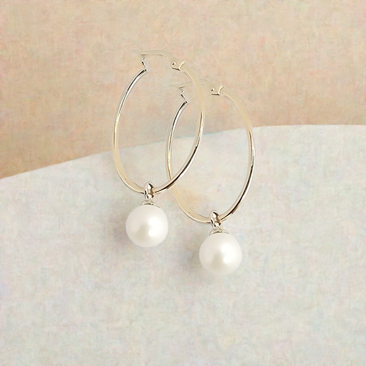 8mm Fresh Water Pearl Pretty Woman Hoop Earrings in 9ct Yellow Gold