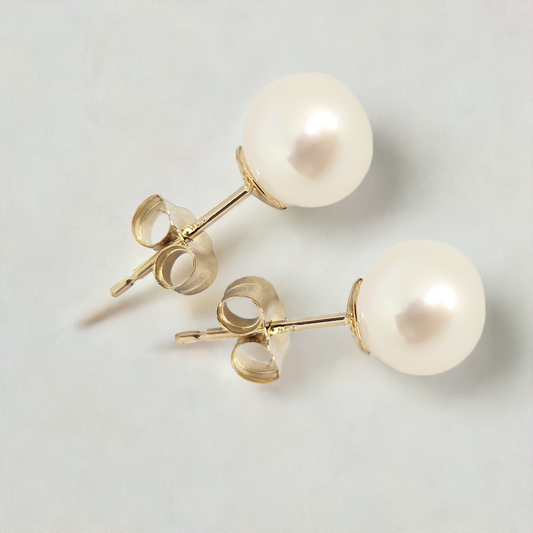 6mm Fresh Water Pearl Solitaire Huggie Studs in 9ct Yellow Gold