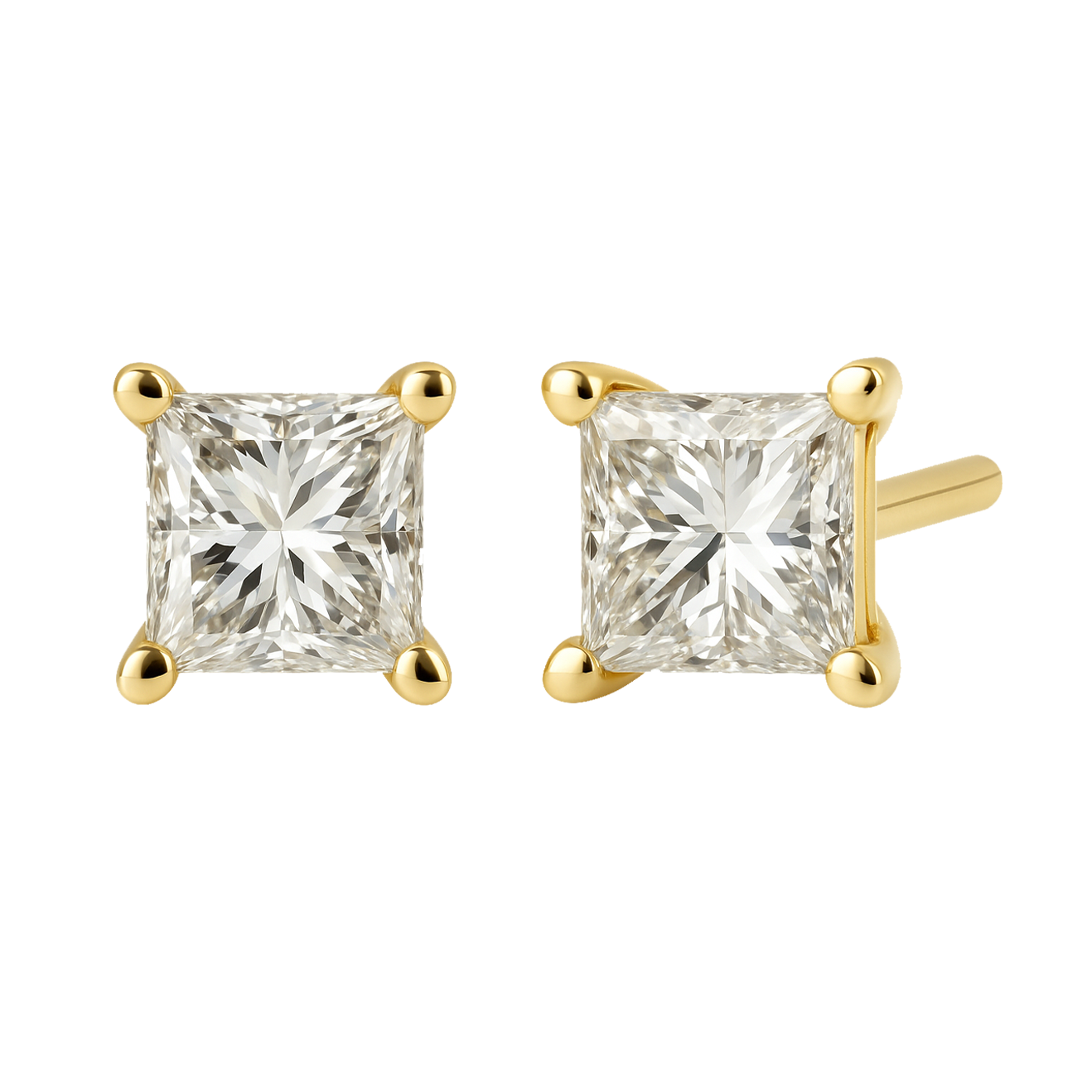 Pair of gold square-cut diamond stud earrings on a white background