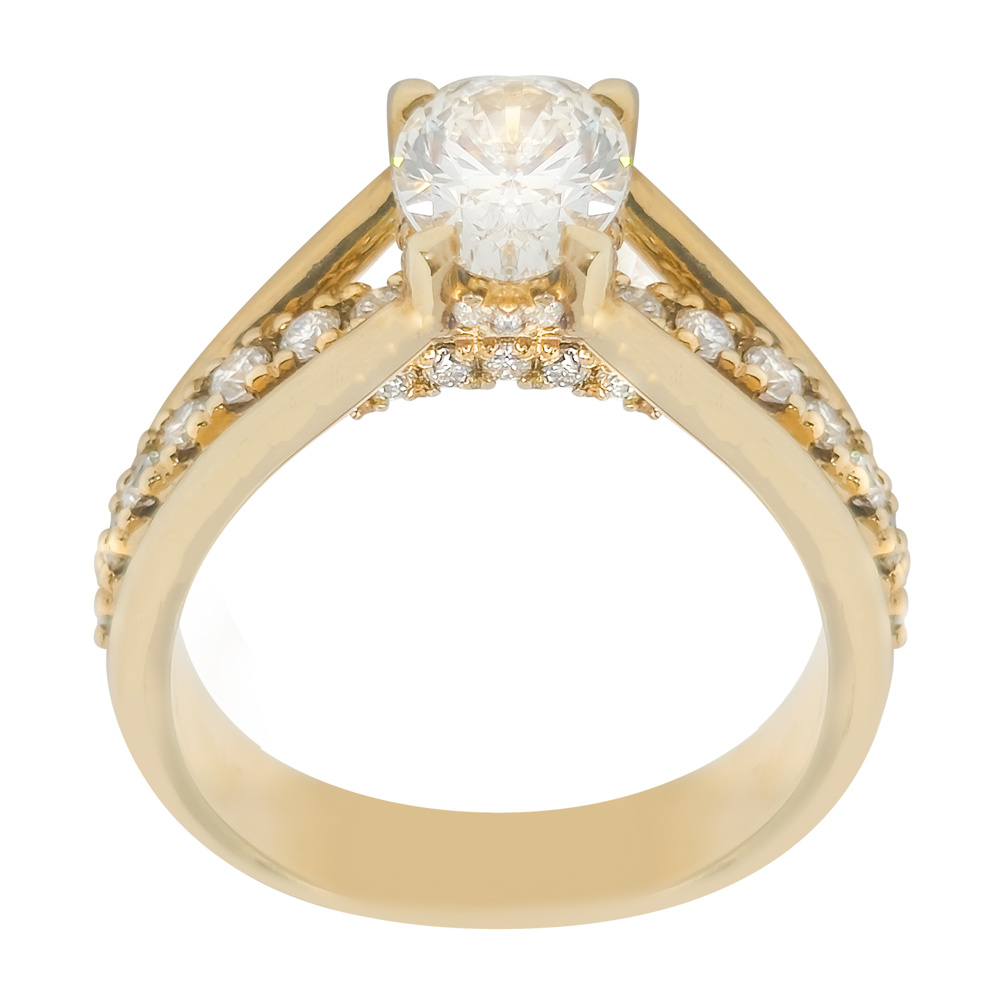 Gold ring with a diamond on a white background