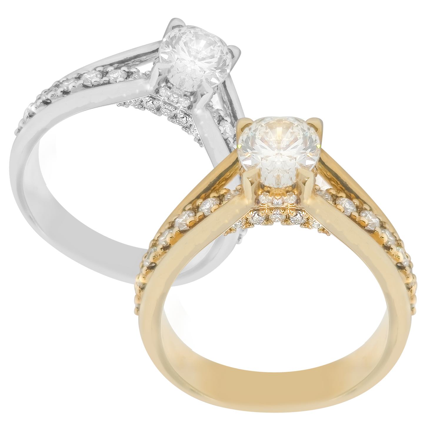 Two diamond rings, one gold and one silver, on a white background