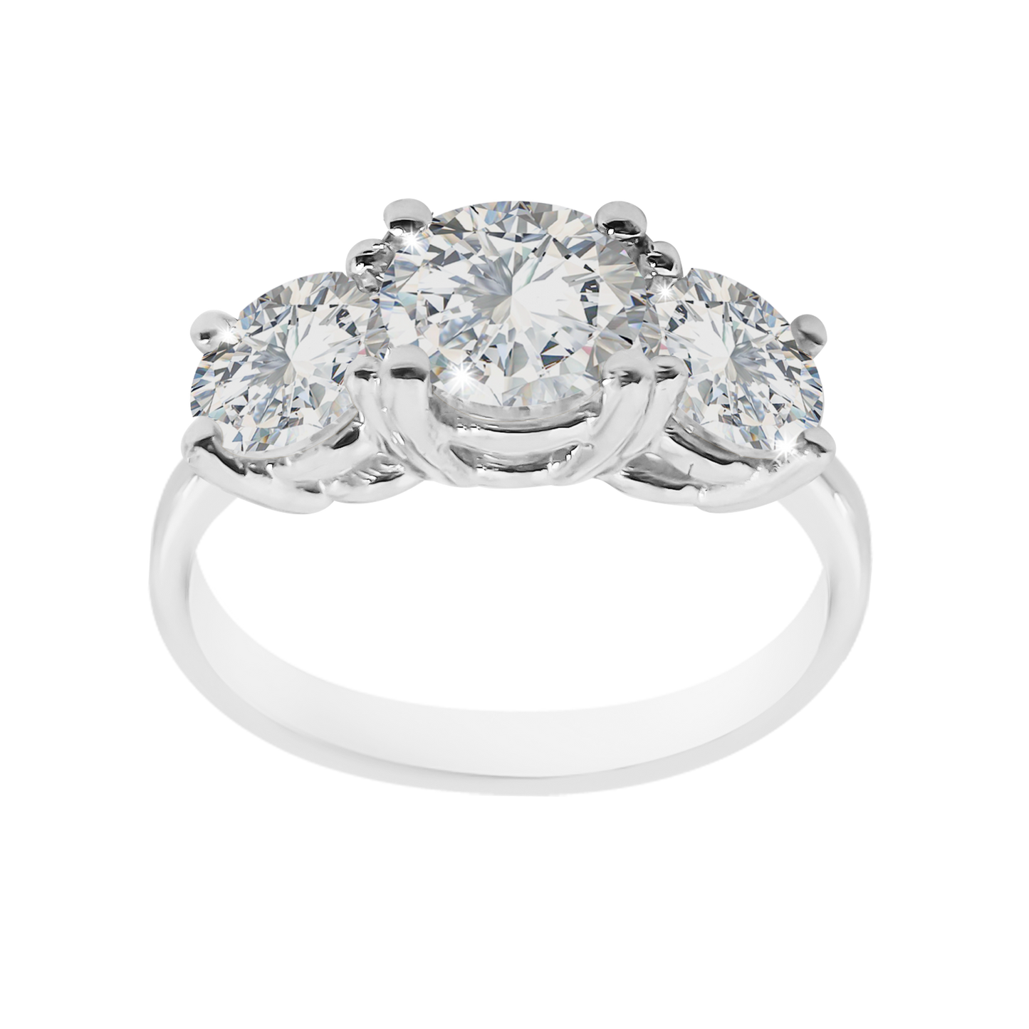 Diamond ring with three circular diamonds on a white background