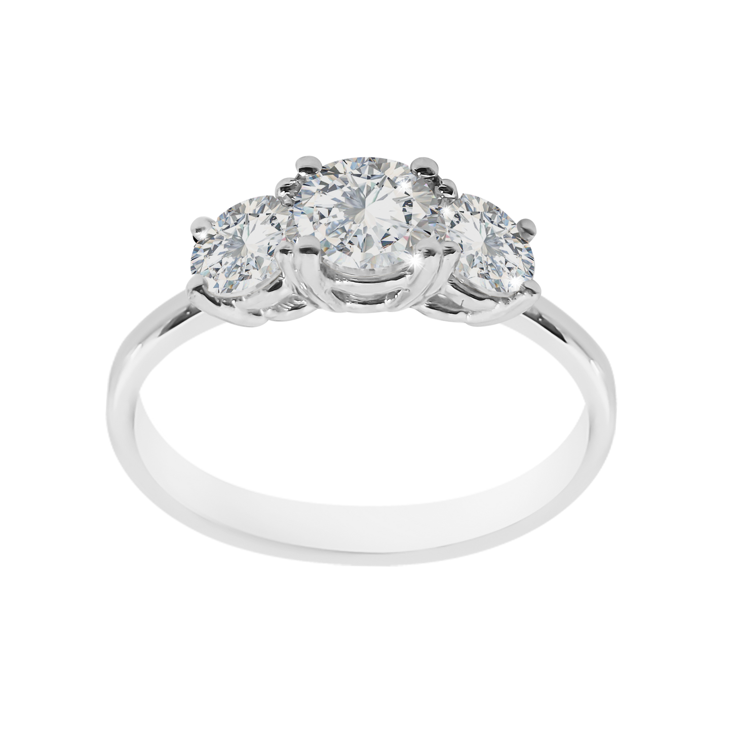 Diamond ring with three circular diamonds on a white background
