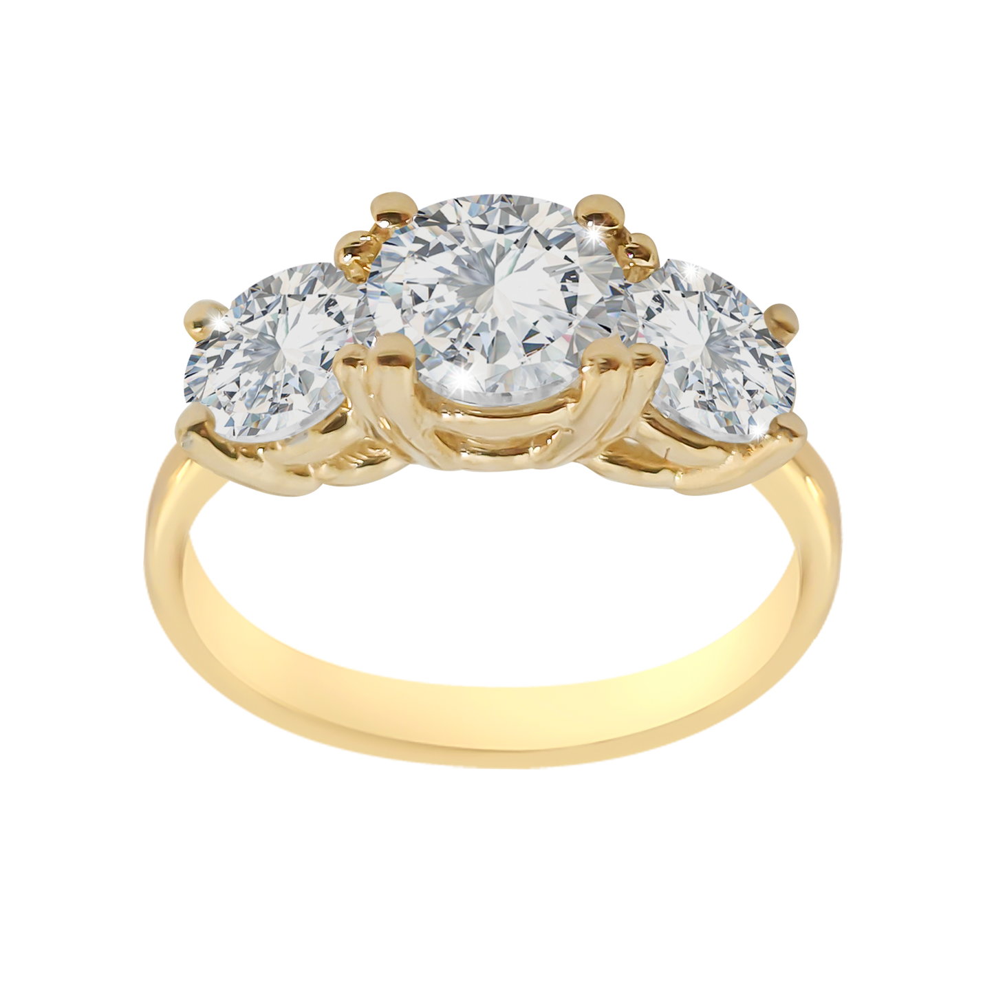 Gold ring with three round diamonds on a white background