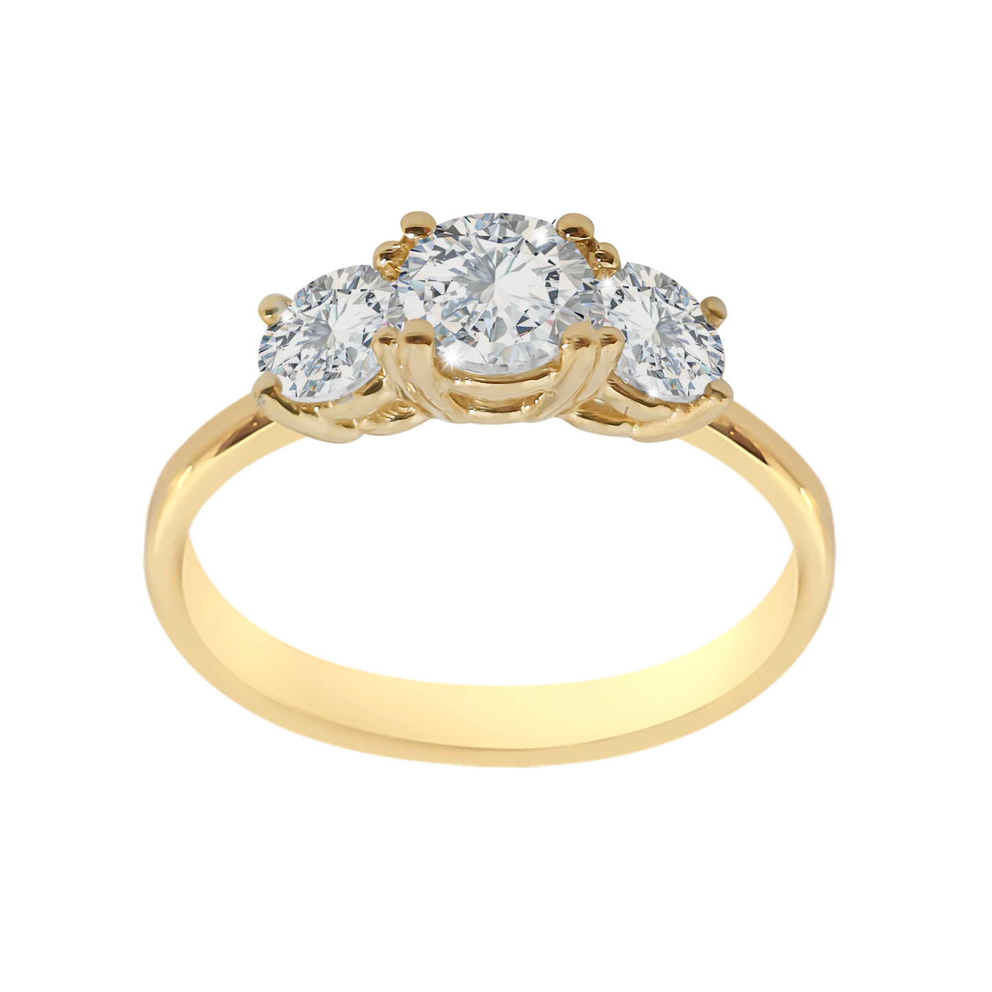 Gold ring with three diamonds on a white background