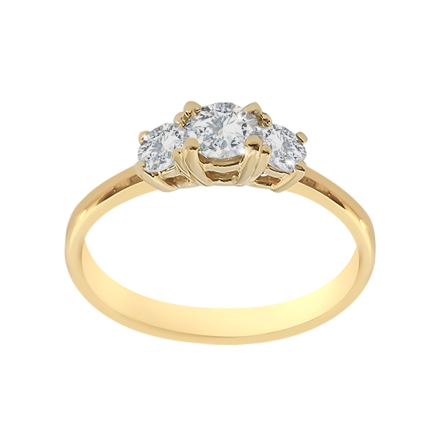 Gold ring with three diamonds on a white background