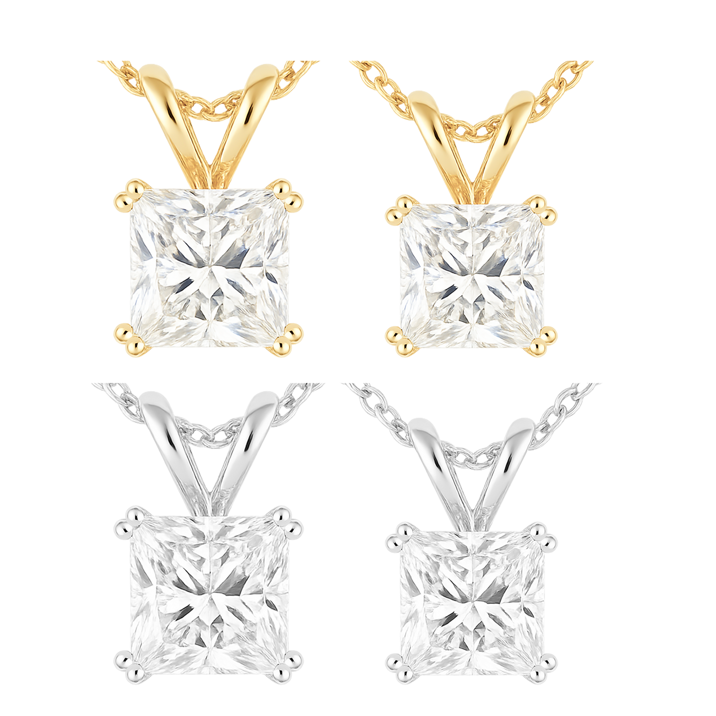 Gold and silver square-cut gemstone pendants on white background