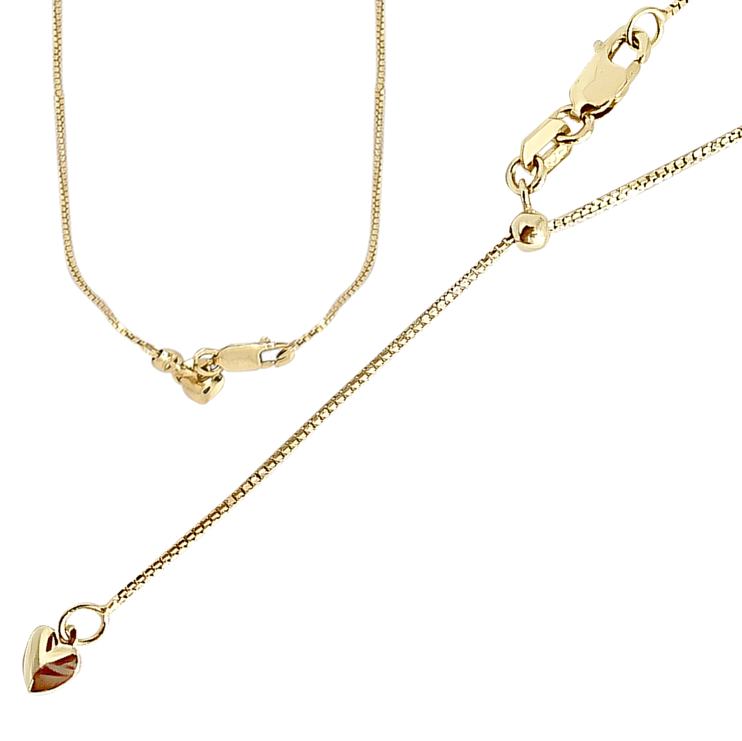 50cm Box Link Slider with Heart Charm Chain in 9ct Yellow Gold