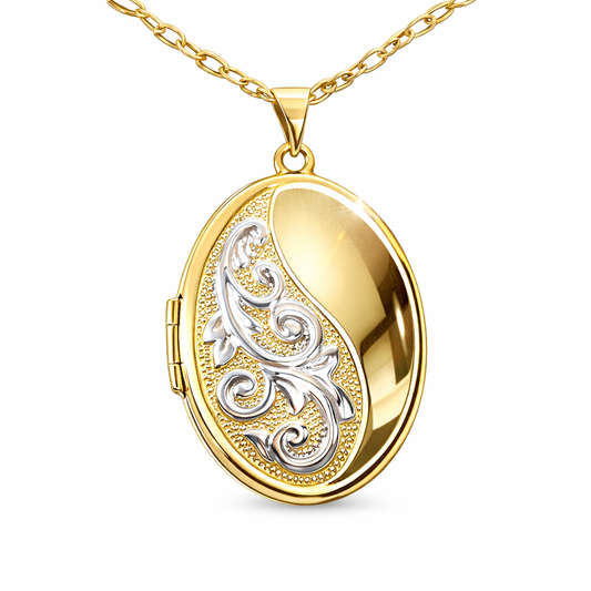 Oval Floral Locket Pendant in 9ct Yellow and White Gold