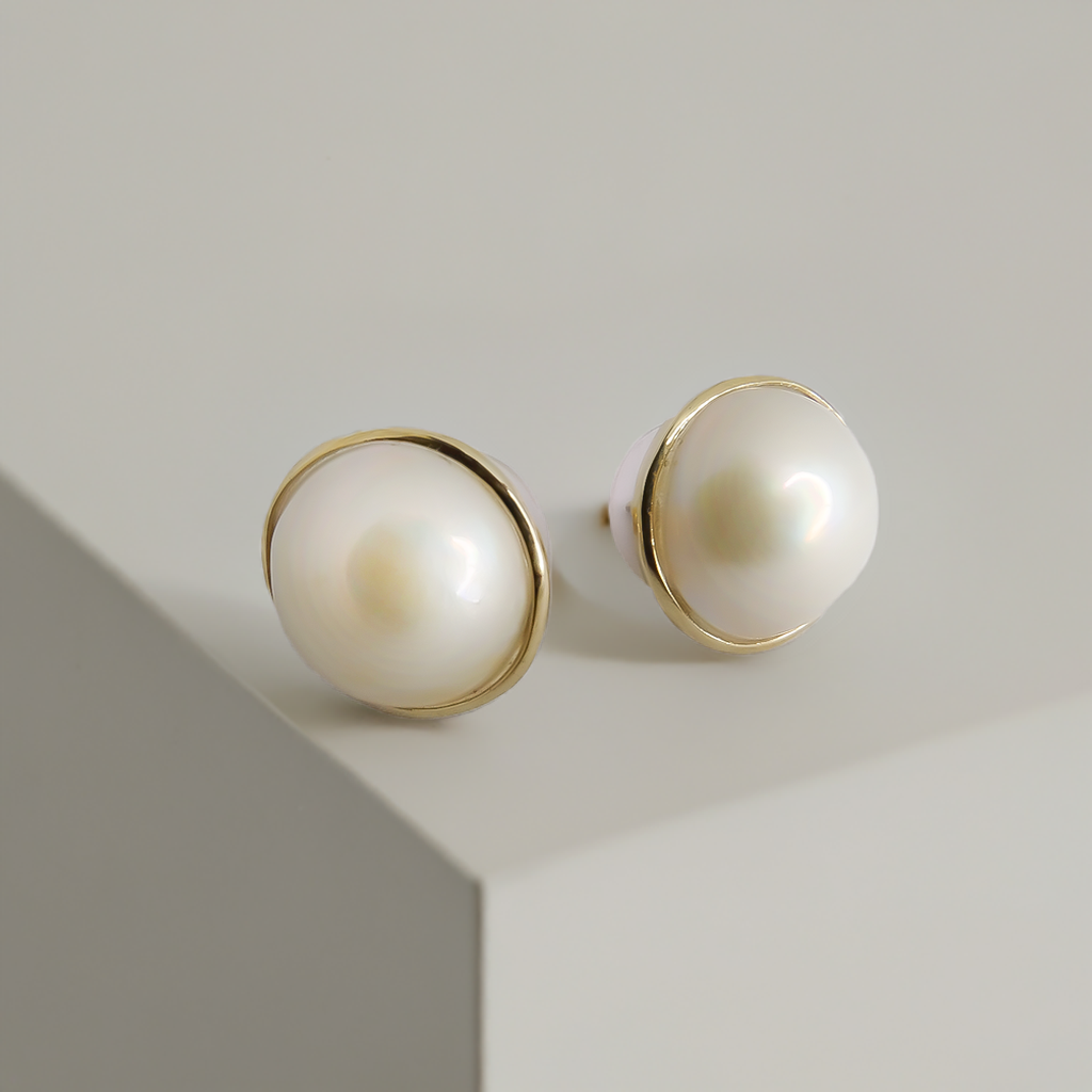 9mm Fresh Water Mabe Solitaire Tube Huggies Studs in 9ct Yellow Gold