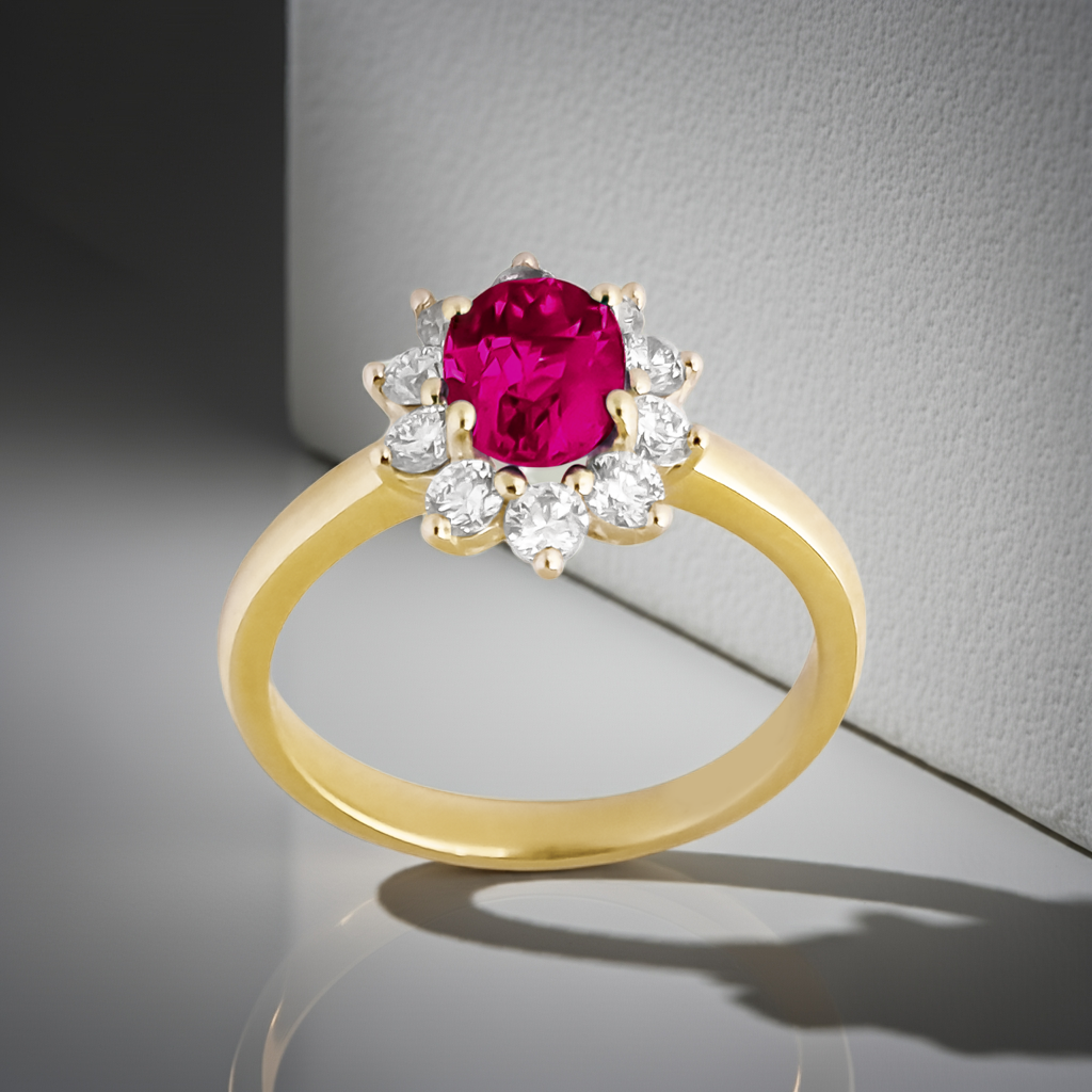1.05ct Lab-Grown Diamond Halo with Ruby Engagement Ring in 9ct Gold