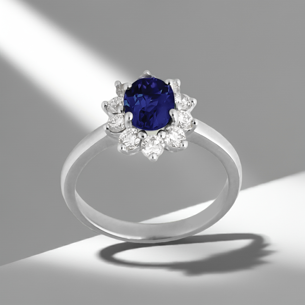 1.12ct Lab-Grown Diamond Halo with Sapphire Engagement Ring in 9ct Gold