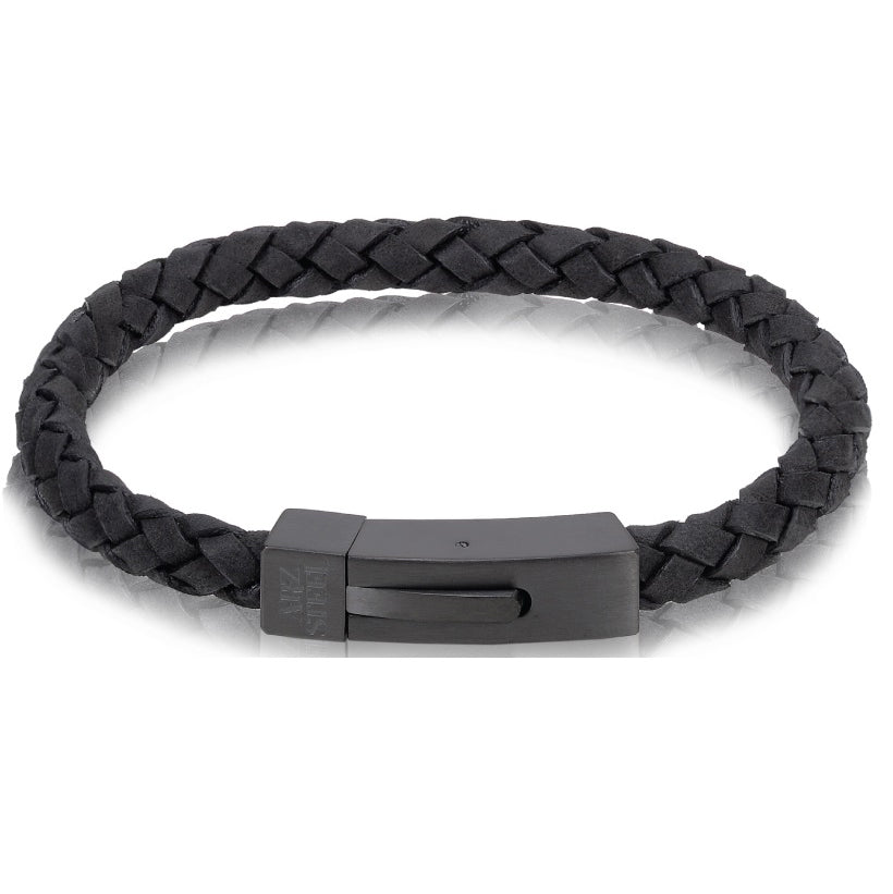 ARZ Steel Black Steel Clasp with Black Cross Woven Leather Bracelet