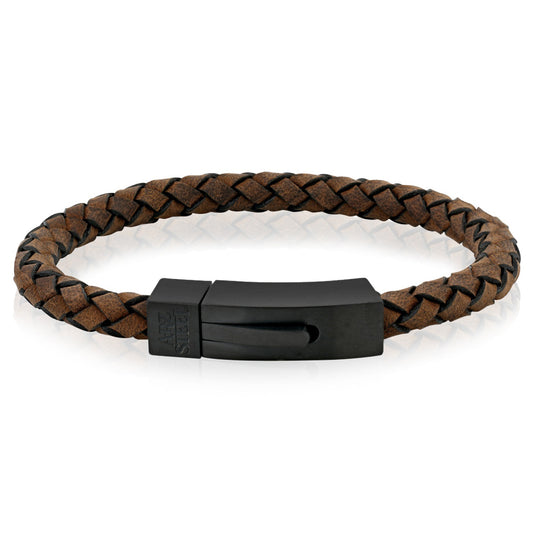 ARZ Steel Black Steel Clasp with Tan Black Cross Woven Leather Bracelet